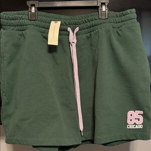 Anthropologie Green Athletic Shorts with Pink Drawstring